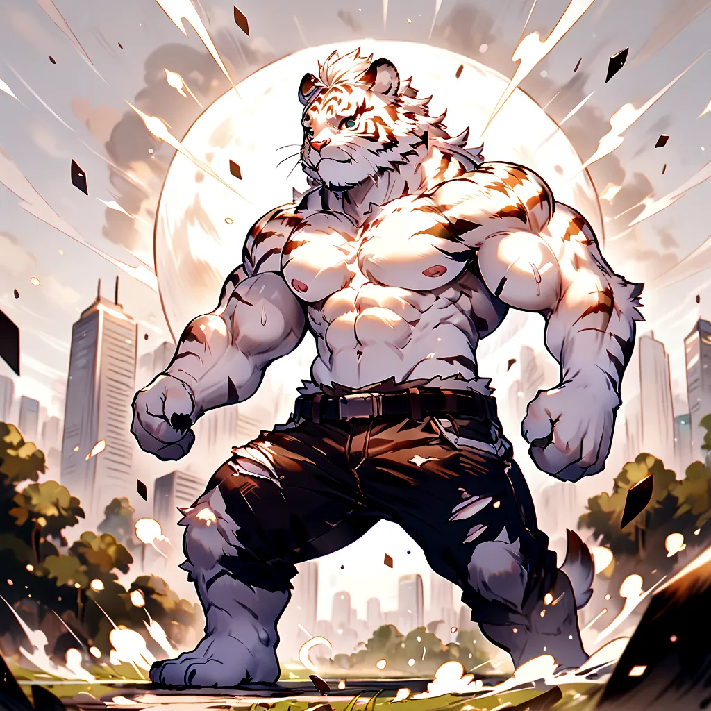 a large, muscular anthro white tiger  wearing torn jeans and no shirt