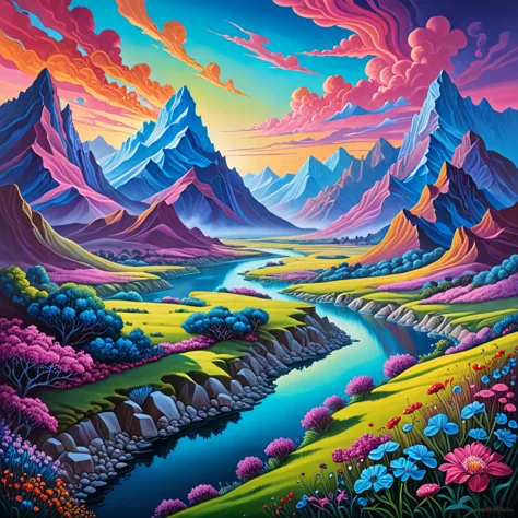 painting of a landscape with a river and mountains in the background, psychedelic landscape, in a surreal dream landscape, a sur...