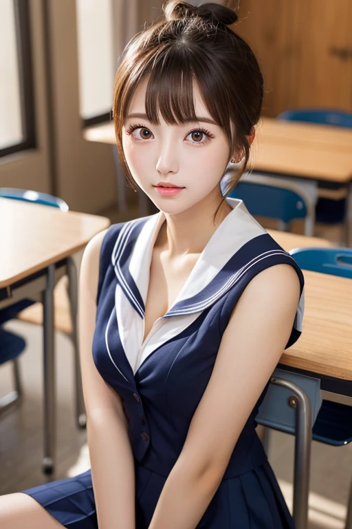 Japanese women、high school girl、16 years old, Anatomically correct, Perfect Anatomy, very cute, beautiful, (Sailor suit:1.2), ((Embarrassing:1.3)), blush、(classroom、Sitting), (masterpiece、Highest quality:1.3)、Best lighting、High resolution、(8k, High resolution:1.2), (photograph, Realistic:1.2)、The face is in focus、(Concentration, Symmetrical pupils:1.2)、beautiful肌、Natural Makeup、Gloss lips, High-definition hair texture, (View your viewers:1.2), (Hair Bun:1.3), (Multiple Angles:1.2), (Small breasts, Cleavage:1.1), (Embrace your chest:1.1)