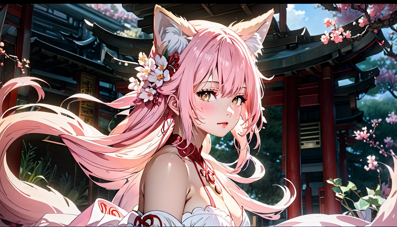 长发动漫女孩和fox, Beautiful pink fox lady, 白毛fox, Beautiful character painting, Beautiful anime portrait, fox耳朵的女孩, a beautiful fox woman, Ancient mysterious style artwork, guweiz, by Ren Renfa, fox, Large Breasts，Full breasts，Golden ratio figure，Perfect body，Ultra wide-angle shooting，Full body shot，Body close-up，Look at the audience，Wearing a tulle bikini，Soft anime illustration, Soft dark background，Fujifilm XT3 Clear focus, f 5.6, High Detail, Clear focus, Dramatic, (Wearing openwork clothing), (Looking at the audience:1.8), (Natural light), (Tempting)