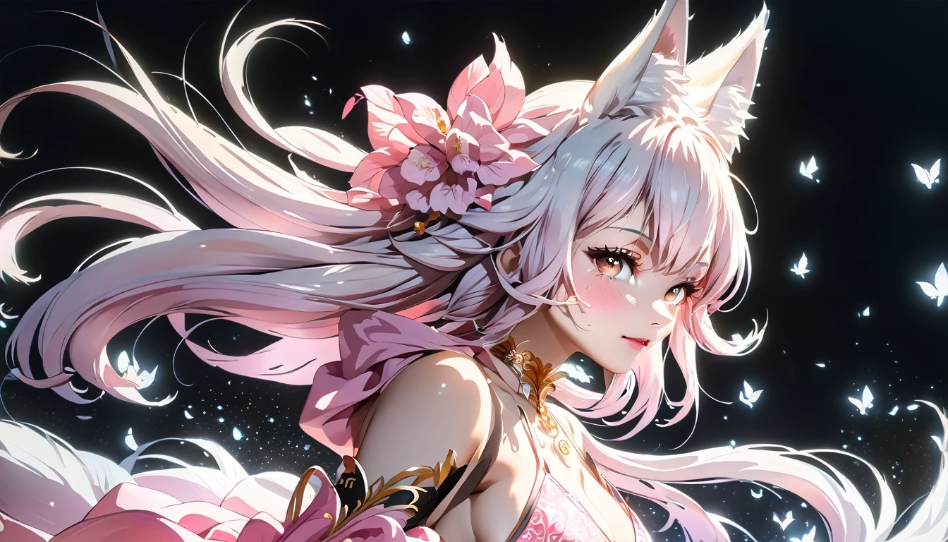 长发动漫女孩和Fuchs, Beautiful pink Fuchs lady, 白毛Fuchs, schöne Charaktermalerei, schönes Anime-Porträt, Fuchs耳朵的女孩, a beautiful Fuchs woman, Kunstwerke im uralten, mysteriösen Stil, guweiz, by Ren Renfa, Fuchs, große Brüste，Volle Brüste，Goldener Schnitt，perfekter Körper，Ultra-Weitwinkelaufnahmen，Ganzkörperaufnahme，Körper Nahaufnahme，schau dir das Publikum an，Einen Tüllbikini tragen，Weiche Anime-Illustration, Weicher, dunkler Hintergrund，Fujifilm XT3 klarer Fokus, f 5.6, Hohe Detailliertheit, klarer Fokus, dramatisch, (Durchbrochene Kleidung tragen), (Blick ins Publikum:1.8), (Natürliches Licht), (verlockend)