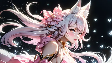 长发动漫女孩和fox, Beautiful pink fox lady, 白毛fox, Beautiful character painting, Beautiful anime portrait, fox耳朵的女孩, a beautiful fox wo...