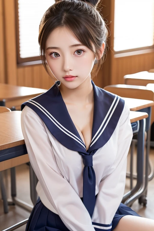 Japanese women、high school girl、16 years old, Anatomically correct, Perfect Anatomy, very cute, beautiful, (Sailor suit:1.2), ((Embarrassing:1.3)), blush、(classroom、Sitting), (masterpiece、Highest quality:1.3)、Best lighting、High resolution、(8k, High resolution:1.2), (photograph, Realistic:1.2)、The face is in focus、(Concentration, Symmetrical pupils:1.2)、beautiful肌、Natural Makeup、Gloss lips, High-definition hair texture, (View your viewers:1.2), (Hair Bun:1.3), (Multiple Angles:1.2), (Small breasts, Cleavage:1.1), (Embrace your chest:1.1)