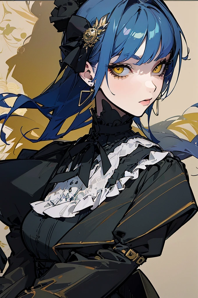 (Highest quality、masterpiece:1.2), ((Mature Woman))Huge , Adult face、Blue Hair、Both sides up、Yellow Eyes, (Dark eyeshadow、Lots of earrings) Gothic Dress, Black Dress, Victorian dress,Drinking tea