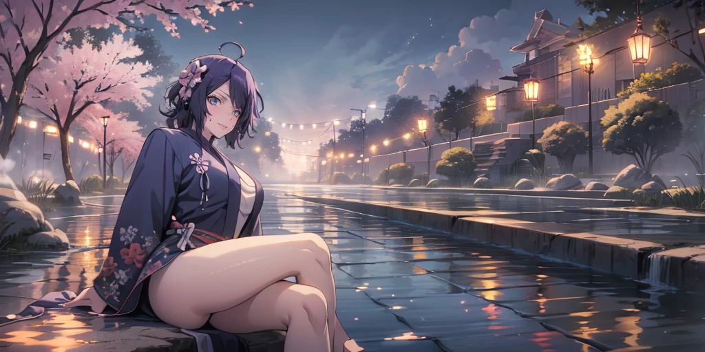 MC, ahoge, (long hari, purple hair:1.3), hair ornament, dark-blue eyes, anatomically correct, heavy breathing, mature female, 1girl, solo, breasts, looking at viewer, large breasts, long sleeves, sitting, thighs, outdoors, japanese clothes, sky, barefoot, day, cloud, wide sleeves, kimono, water, flower, spotlight, (bokeh:1.3) tree, legs, sash, bare legs, obi, crossed legs, nature, black kimono, short kimono, reflective, (fog:1.3), fireflies, hollow eyes, bright pupils, dark-blue eyes, looking at viewer. glowing eyes heavy breathing, seductive smile, (steaming face:1.3), blush face, lips,