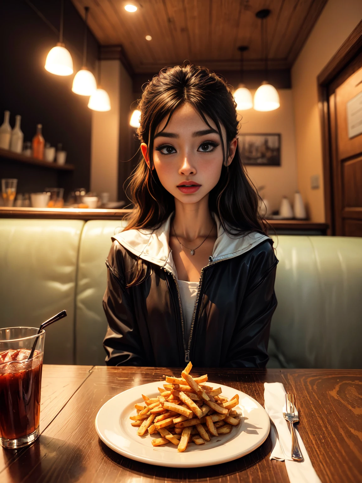 A seagull eating french fries in a restaurant, idyllic, magical scene, hermosa restaurant con comensales, (mejor calidad, 4k, 8k, high resolution, Obra maestra:1.2), ultra detallado, (realista, photorealista, photo-realista:1.37), warm lighting, colores vibrantes, enfoque suave, dreamer, acogedor, adorable, lindo, caprichoso, Fancy, Encantador, sereno, peaceful, inocente, reconfortante, imaginativo