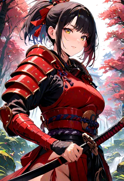 a picture of japanese female samurai, she has long black hair, wearing samurai armor, armed with a katana, ready for battle, dyn...