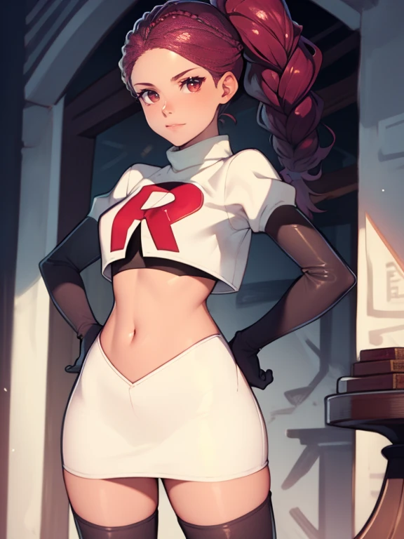 Petra, braided ponytail, brown eyes, glossy lips ,team rocket uniform, red letter R, white skirt,white crop top,black thigh-high boots, black elbow gloves, evil smile, looking at viewer, cowboy shot, hands on hips