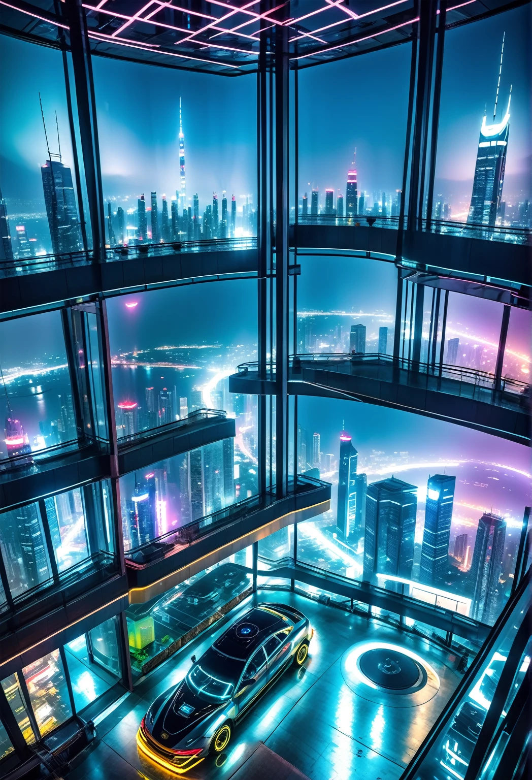 미래형 사이버펑크 스타일 도시의 초고층 빌딩 90층에 위치한 방 내부에서 본 야간 파노라마, 날아다니는 자동차를 볼 수 있어요, 네온 불빛 광고, 안개, 오염.