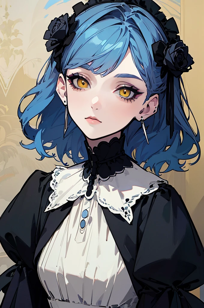 (Highest quality、masterpiece:1.2), ((Mature Woman))Huge , Adult face、Blue Hair、Both sides up、Yellow Eyes, (Dark eyeshadow、Lots of earrings) Gothic Dress, Black Dress, Victorian dress,Blue Rose