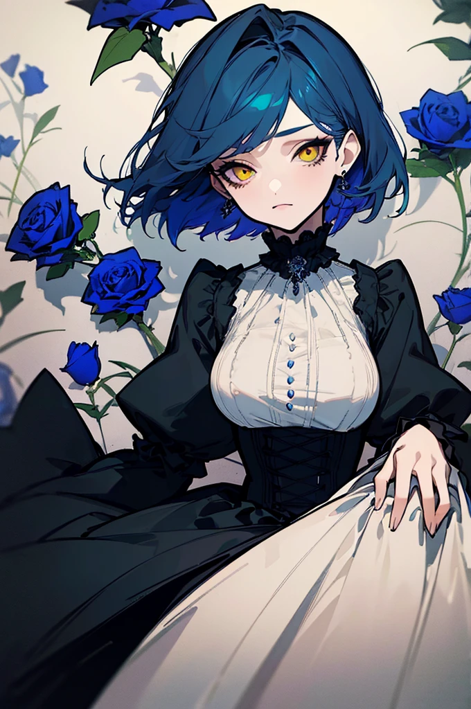 (Highest quality、masterpiece:1.2), ((Mature Woman))Huge , Adult face、Blue Hair、Both sides up、Yellow Eyes, (Dark eyeshadow、Lots of earrings) Gothic Dress, Black Dress, Victorian dress,Flower Field,Blue Rose