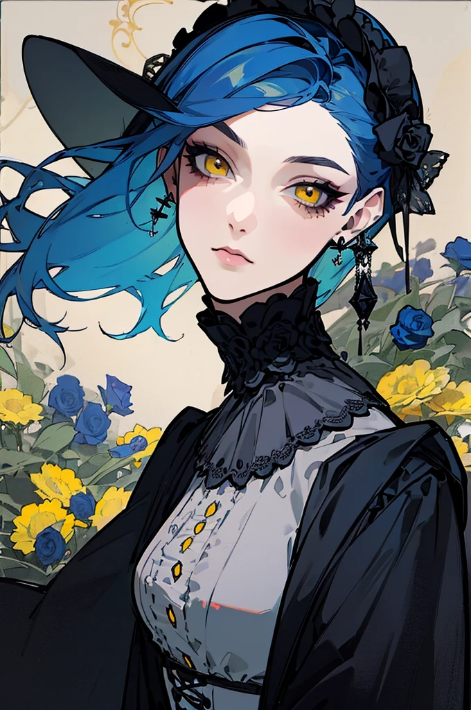 (Highest quality、masterpiece:1.2), ((Mature Woman))Huge , Adult face、Blue Hair、Both sides up、Yellow Eyes, (Dark eyeshadow、Lots of earrings) Gothic Dress, Black Dress, Victorian dress,Flower Field,Blue Rose