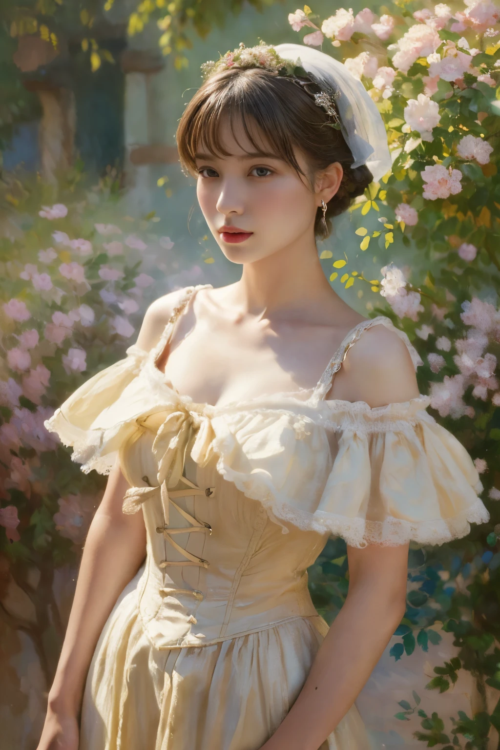 
((masterpiece:1.4, Highest quality)), (Realistic photos:1.4), 
((1 girl)), (Otherworldly beauty), (dream-like),
(超High resolution:1.2), Very delicate and beautiful, wonderful, Very detailed CG Unity 8k wallpaper, Very detailed, High resolution, 
Soft Light, Beautiful detailed girl, Very detailedな目と顔, Beautiful and detailed nose, Beautiful and detailed, 
(Dressed in late 19th century French costume:1.3),
Cinema Lighting, Perfect Anatomy, Slender body, (Parted bangs),
(The world of impressionist paintings:1.5), (Impressionist light and colour), 
Cowboy Shot