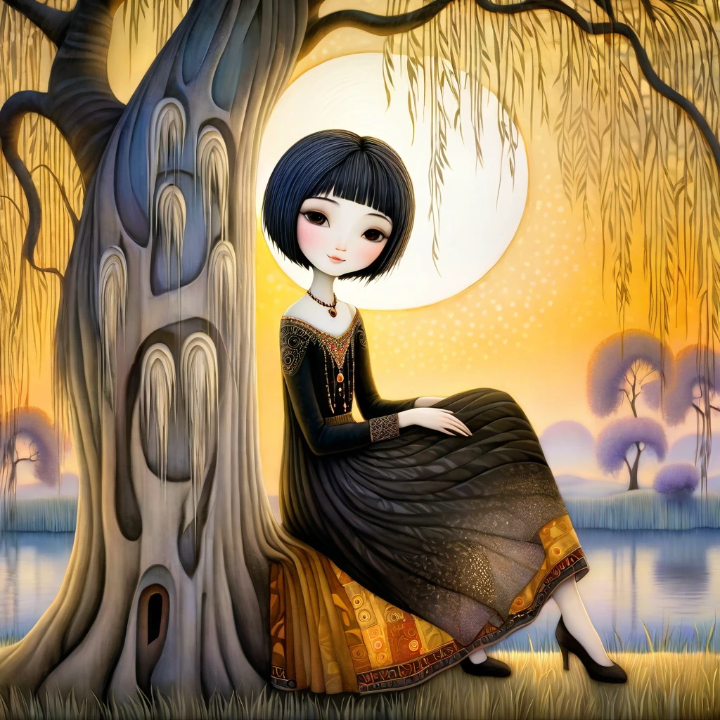 European woman with short black hair, wearing a wide skirt, rests leaning against the trunk of large weeping willow and smiles softly as the sun sets on the horizon, patchwork style inspired by Klimt, Nicoletta Ceccoli, Naoto Hattori, Lawrence Didier, and Leonora Carrington, intricate patterns and details, photorealistic 8k resolution, masterpiece quality, vivid and vibrant colors, dramatic lighting casting surreal shadows, fantastical and whimsical elements, magical realism ambiance, wide-angle perspective creating optical illusions.