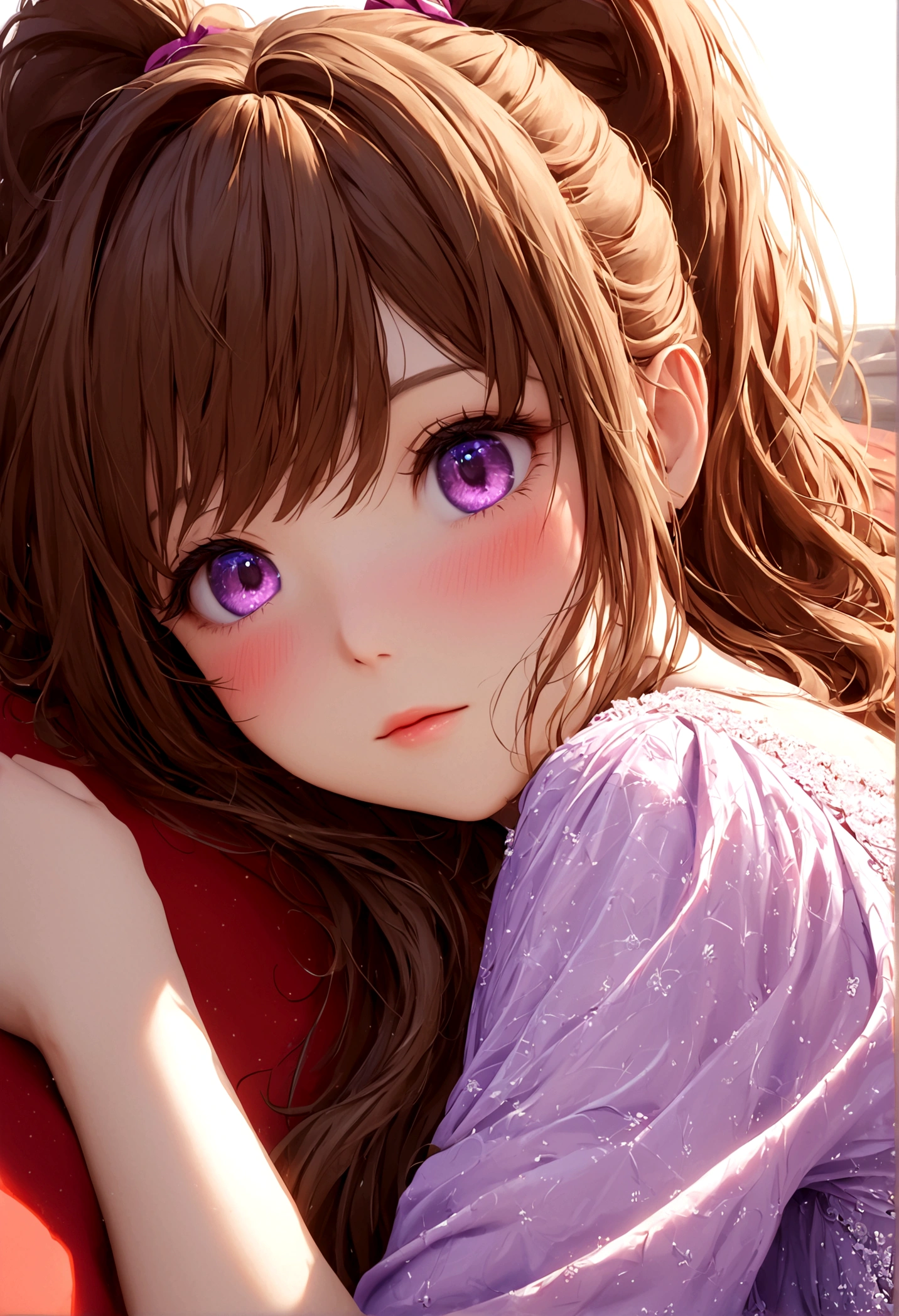 (1 Girl), masterpiece, best quality, Super beautiful illustrations, Very cute , Very detailed beautiful face, Looking at the audience, 1 Girl, belt, close up, Looking at the audience, 4k, high resolution, Ribbon, Wild Misunderstanding, blush, Throw, Double ponytail hairstyle, White background, Simple background, Thick outline, Purple Eyes, (sleep), Brown hair, Red Cliff, Expression of love,  ((Brown hair)), (Blood),