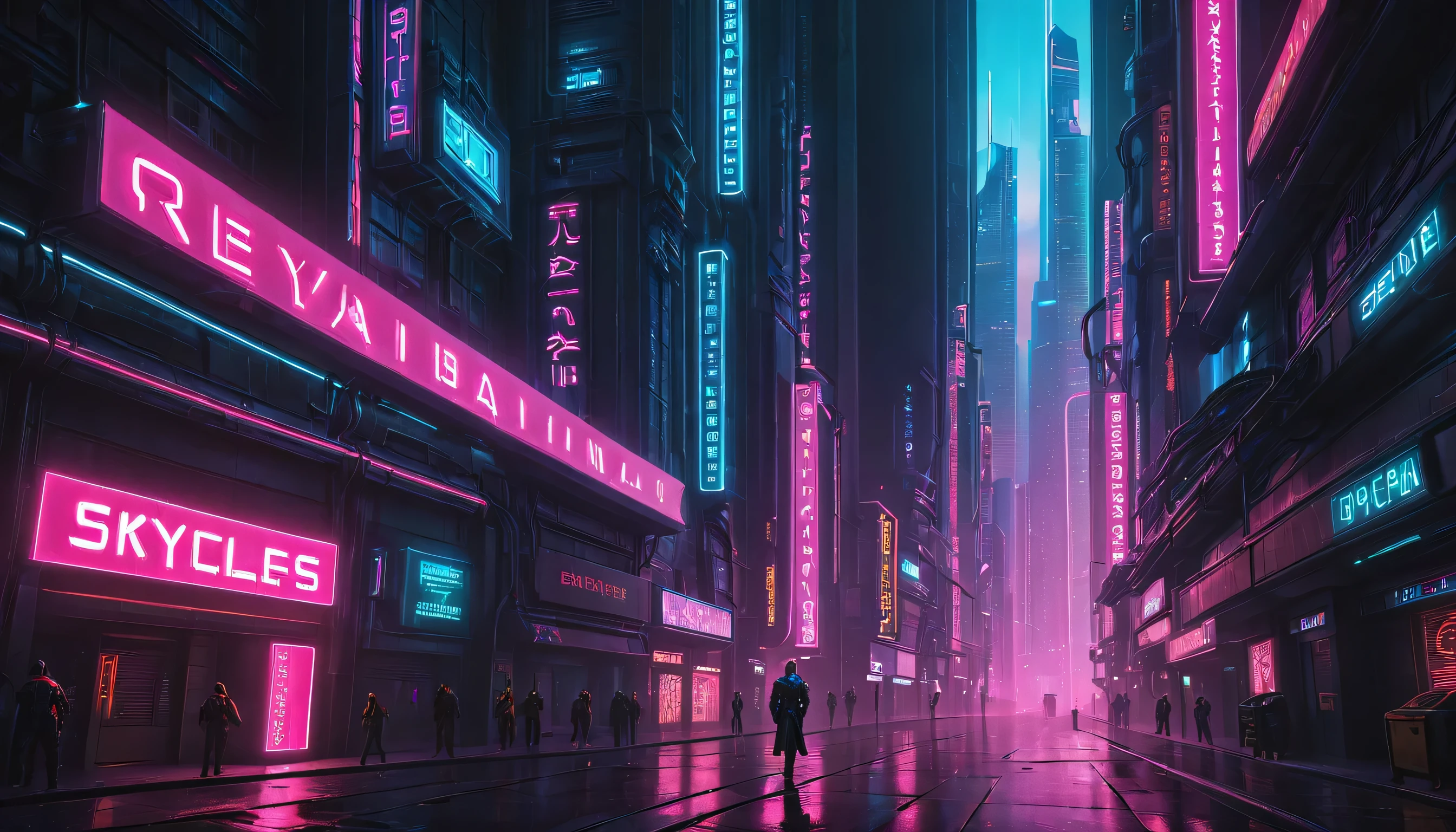 dark cyberpunk illustration of brutal Cyberpunk streets in a world without hope, ruled by ruthless criminal corporation, best quality, high resolution, skyscrapers, futuristic, neon lights, high contrast, highly detailed, vibrant colors
