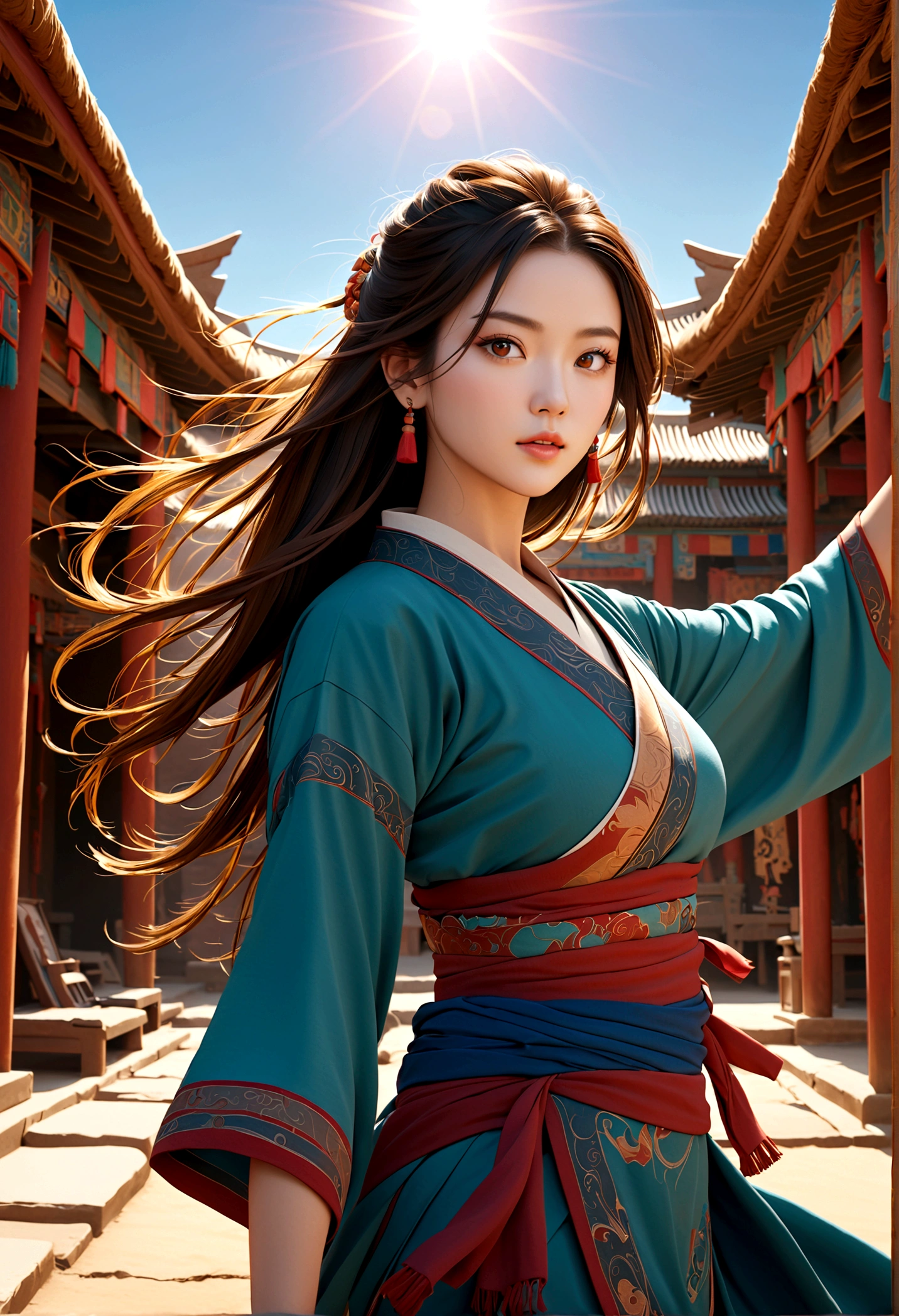 (RAW photos, best quality), (Practical, photo-Practical:1.3),best quality,Very detailed,masterpiece,Extremely detailed,illustration,1 Girl,superior_Body,Dynamic Angle,world masterpiece theater,messy_long_hair,best quality,Extremely detailed CG unity 8k wallpaper,ink,Astonishing,light,lens_Flare, Dunhuang_style