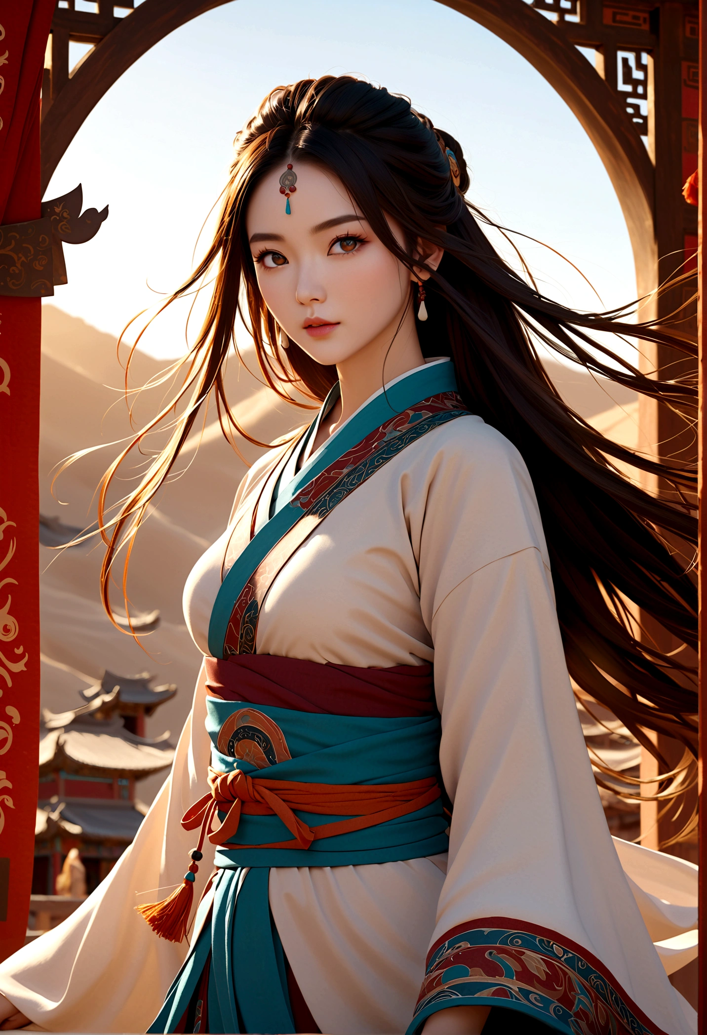 (RAW photos, best quality), (Practical, photo-Practical:1.3),best quality,Very detailed,masterpiece,Extremely detailed,illustration,1 Girl,superior_Body,Dynamic Angle,world masterpiece theater,messy_long_hair,best quality,Extremely detailed CG unity 8k wallpaper,ink,Astonishing,light,lens_Flare, Dunhuang_style