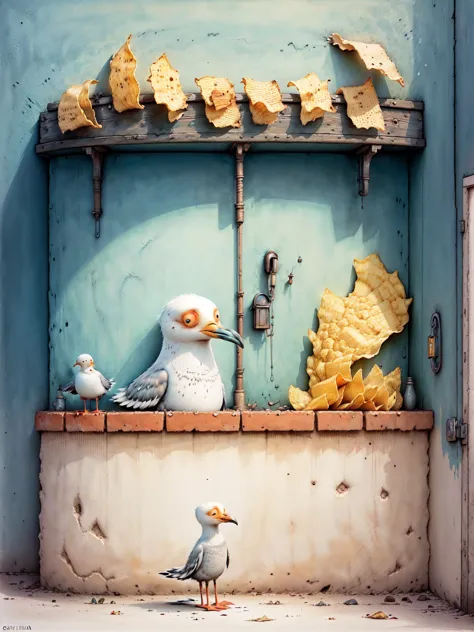 cuento , escena de cuento infantil:1.4 ((A seagull eating potato chips in a well-defined and clear restaurant:1.5)), idyllic, ma...