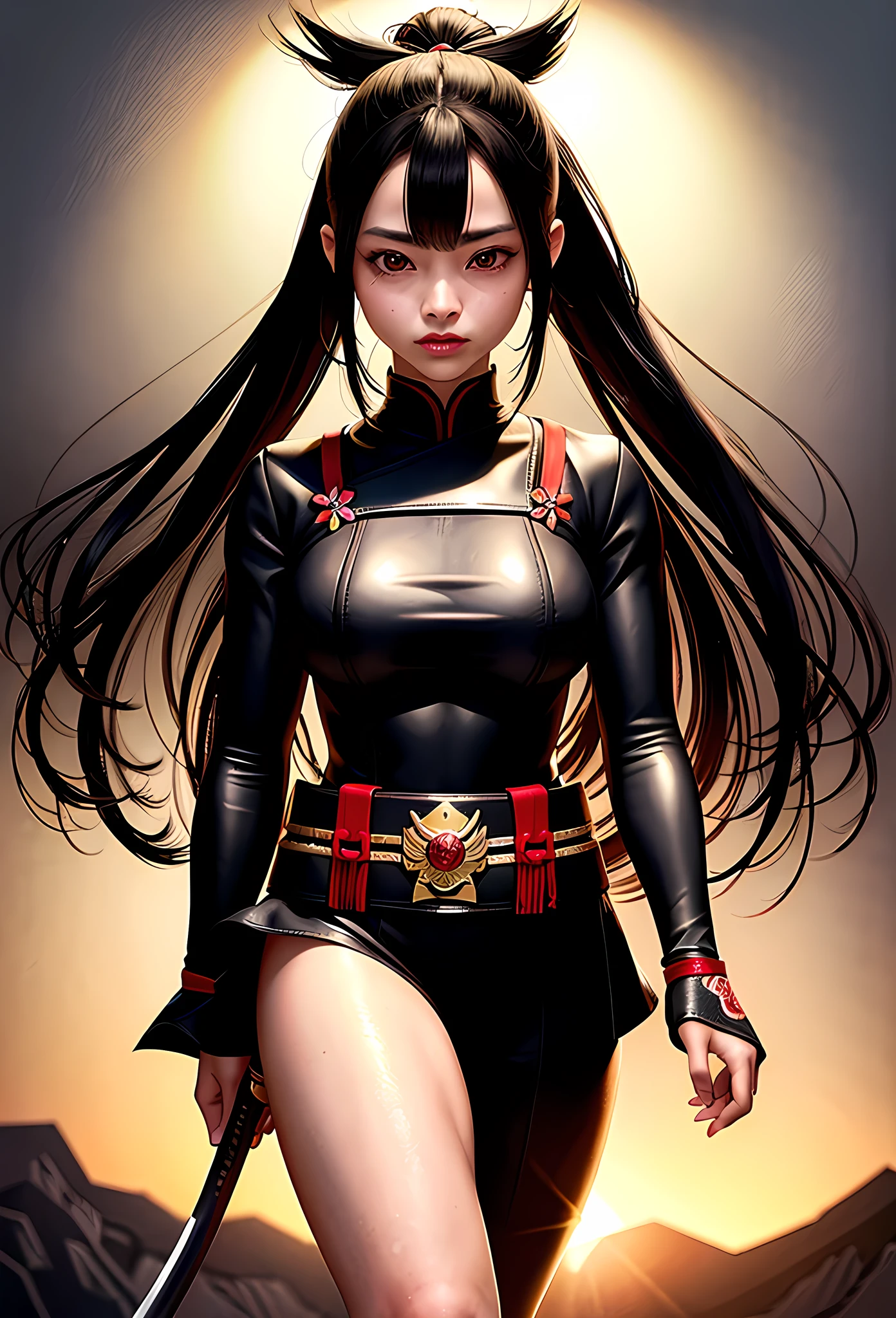 a picture of Japanese female samurai, she has long black hair, wearing samurai armor, armed with a katana, ready for battle, dynamic angle,, Japanese fantasy art, (Masterpiece: 1.5), 16k, highres, best quality, high details, ultra detailed, masterpiece, best quality, (extremely detailed), arafed, dnd art, JapaneseKatana, wtrcolor style, Japanese INK