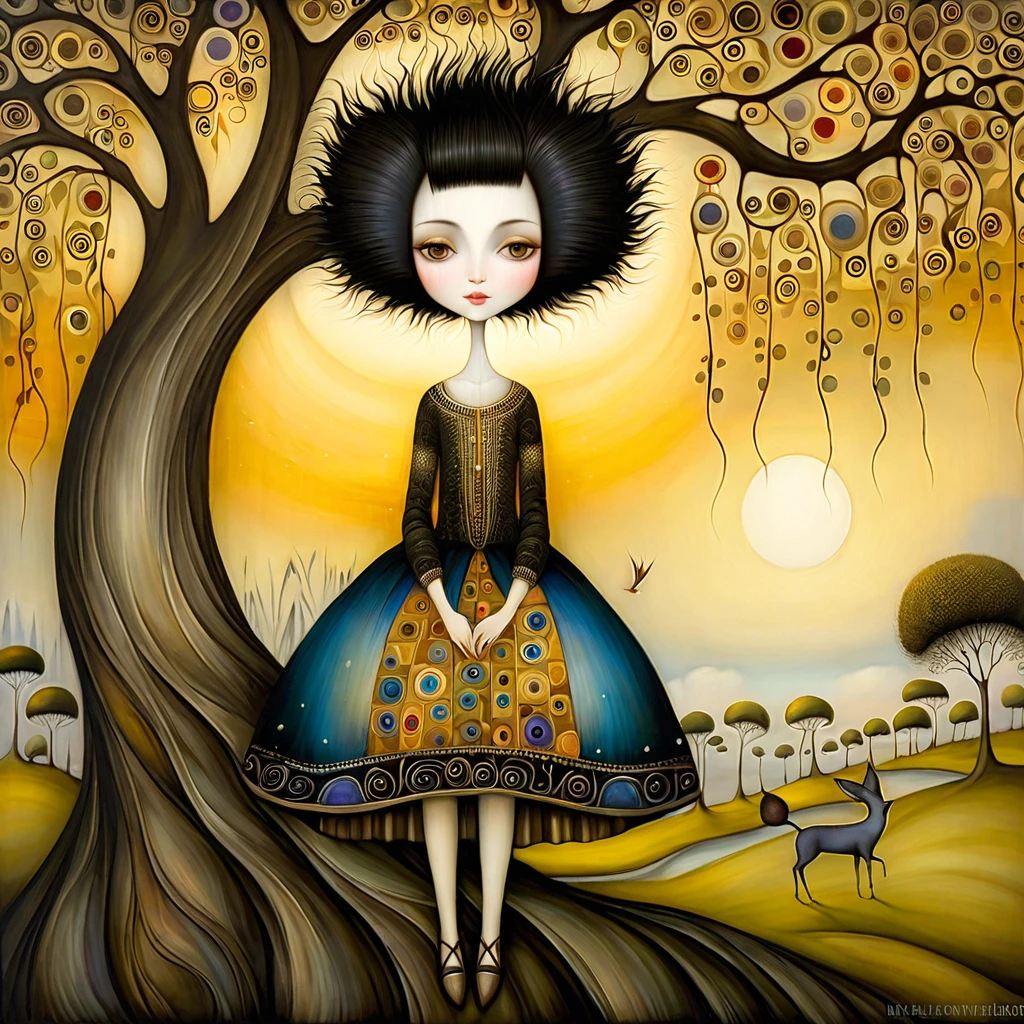 Patchwork de Klimt, Nicoletta Ceccoli, Naoto Hattori, Laurent Didier, Leonora Carrington de femme européenne aux cheveux noirs courts, porter une jupe large, est allongé sous un grand saule pleureur et sourit doucement alors que le soleil se couche à l&#39;horizon. motifs et détails complexes, résolution photoréaliste 8k, qualité de chef-d&#39;œuvre, couleurs vives et éclatantes, éclairage spectaculaire projetant des ombres surréalistes, éléments fantastiques et fantaisistes, ambiance de réalisme magique, perspective grand angle créant des illusions d&#39;optique.