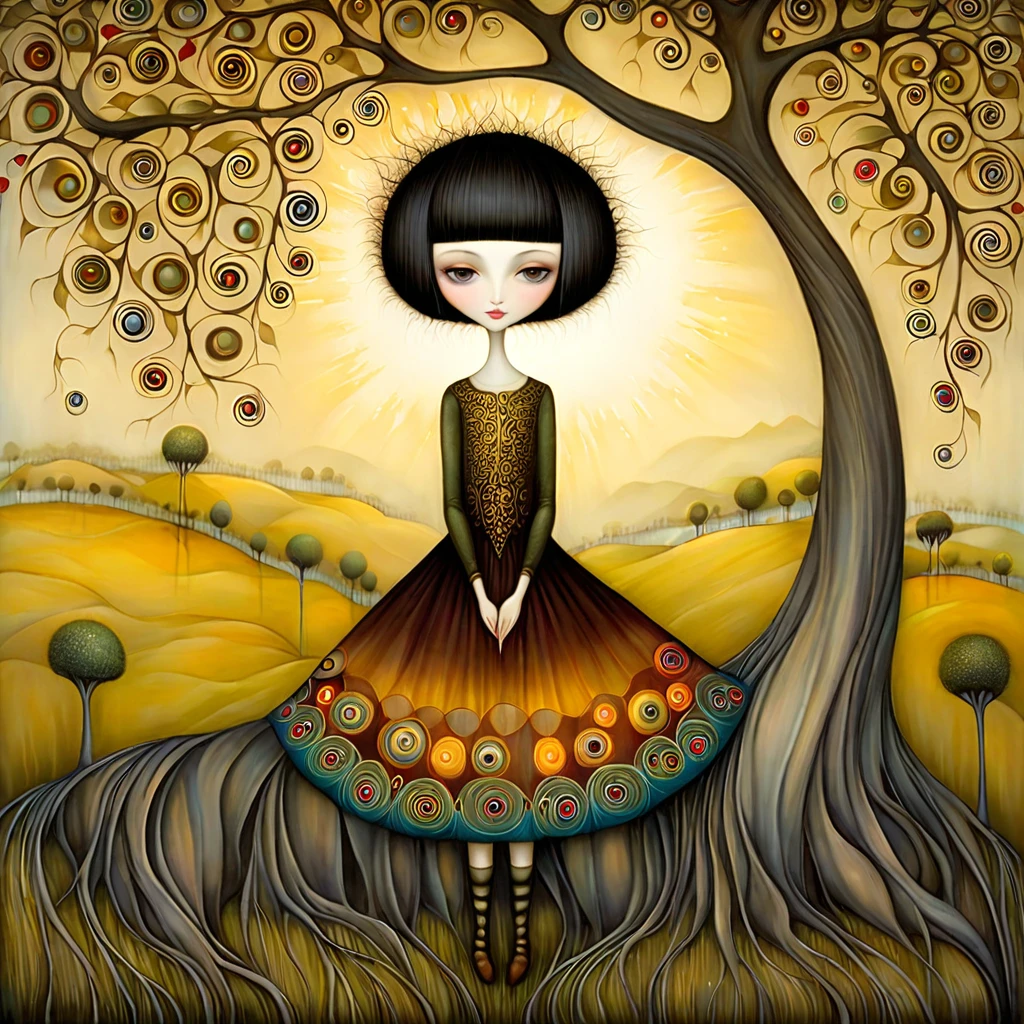 Patchwork von Klimt, Nicoletta Ceccoli, Naoto Hattori, Lawrence Didier, Leonora Carrington, europäische Frau mit kurzen schwarzen Haaren, trägt einen weiten Rock, liegt unter einer großen Trauerweide und lächelt sanft, während die Sonne am Horizont untergeht. komplizierte Muster und Details, fotorealistische 8K-Auflösung, Meisterhafte Qualität, lebendige und leuchtende Farben, dramatische Beleuchtung wirft surreale Schatten, phantasievolle und skurrile Elemente, magischer Realismus, Weitwinkelperspektive erzeugt optische Täuschungen.