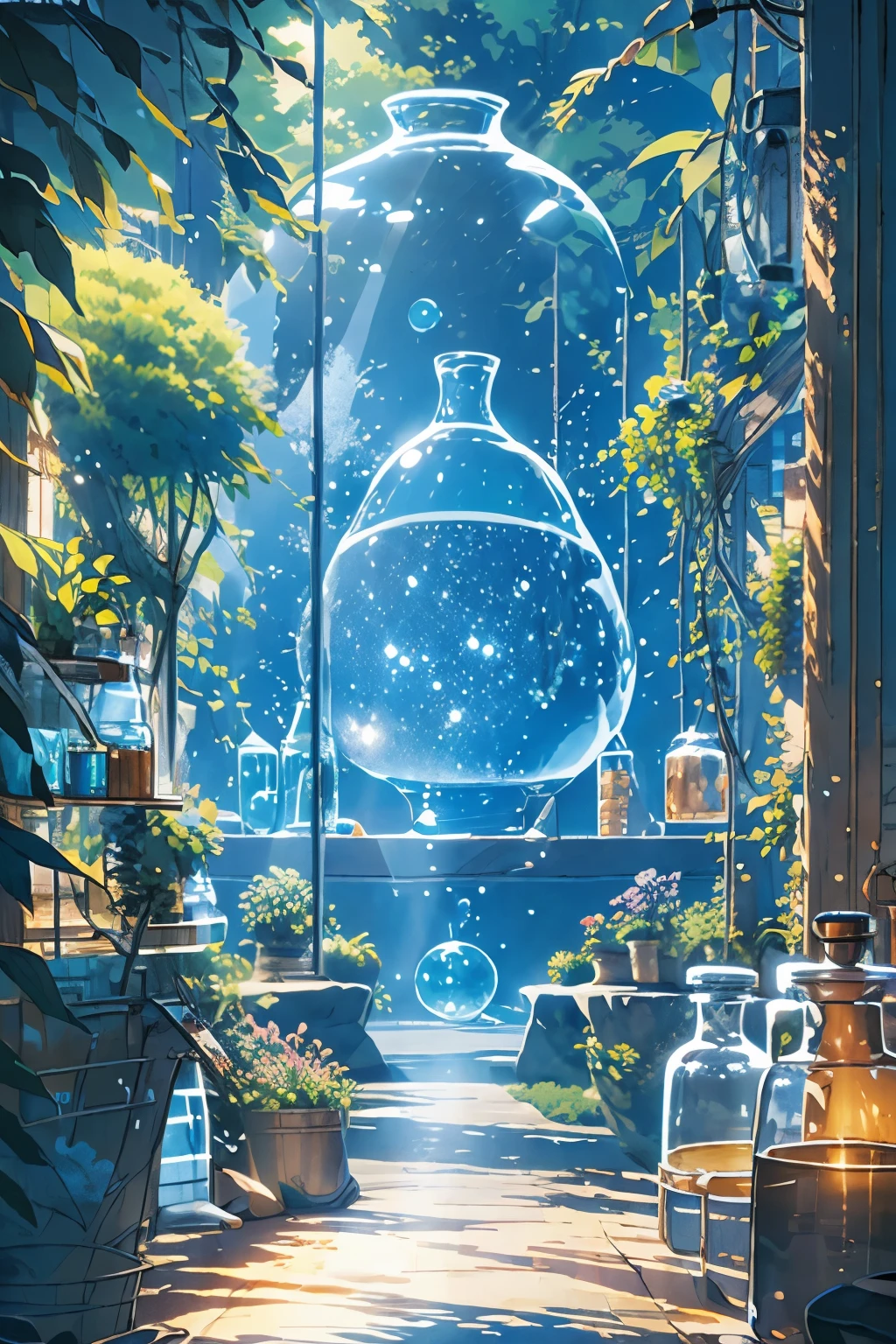 a room filled with lots of bottles and plants, fantasy alchemist laboratory, magic lab background, laboratory background, magic laboratory setting, mysterious laboratory, lab background, alchemy laboratory, plants in scientific glassware, alchemist lab, secret lab, laboratory, lab, science lab, alchemist library background, magical botanic, smoky laboratory, studio ghibli environment, anime nature wallpap