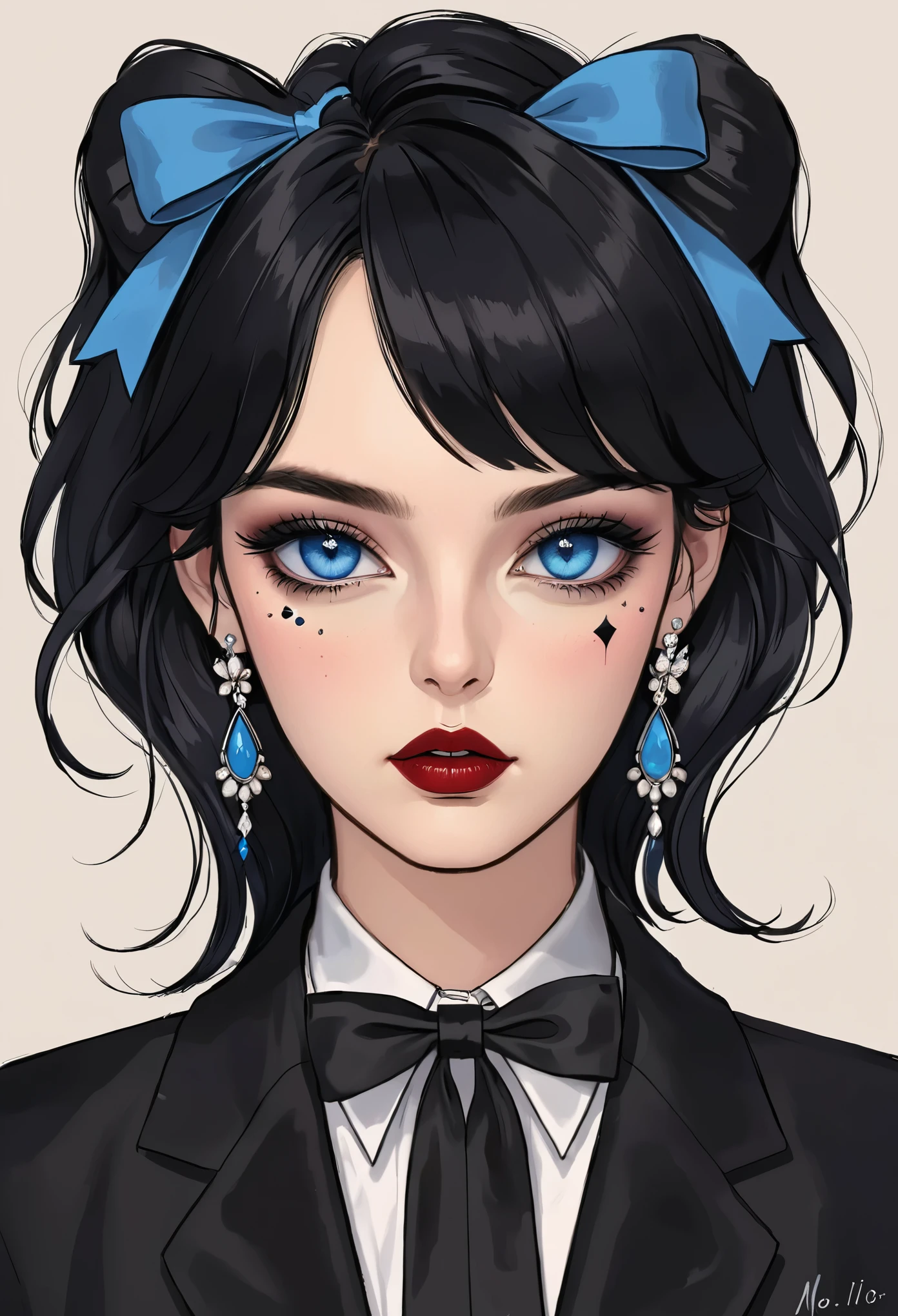 1girl,artist name,bangs,black bow,black bowtie,black hair,blue eyes,bow,earrings,facial mark,forehead mark,hair ornament,jewelry,lipstick,long hair,looking at viewer,makeup,mole,parted lips,signature,solo