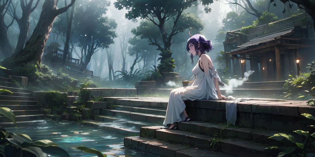 MC, ahoge, (long hari, purple hair:1.3), hair ornament, dark-blue eyes, anatomically correct, heavy breathing, mature female, 1girl, solo, breasts, dress, bare shoulders, sitting, outdoors, white dress, from side, tree, profile, plant, nature, scenery, forest, stairs, (bokeh:1.3) reflective, (fog:1.3), fireflies, hollow eyes, bright pupils, dark-blue eyes, looking at viewer. glowing eyes heavy breathing, seductive smile, (steaming face:1.3), blush face, lips,