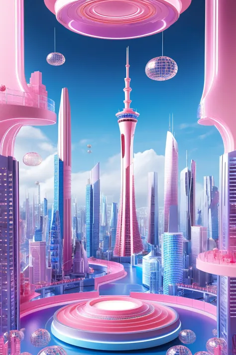 futuristic city，sky tower soars,use a vibrant stage background style,group f/,asai miki,money theme,round,international klein bl...