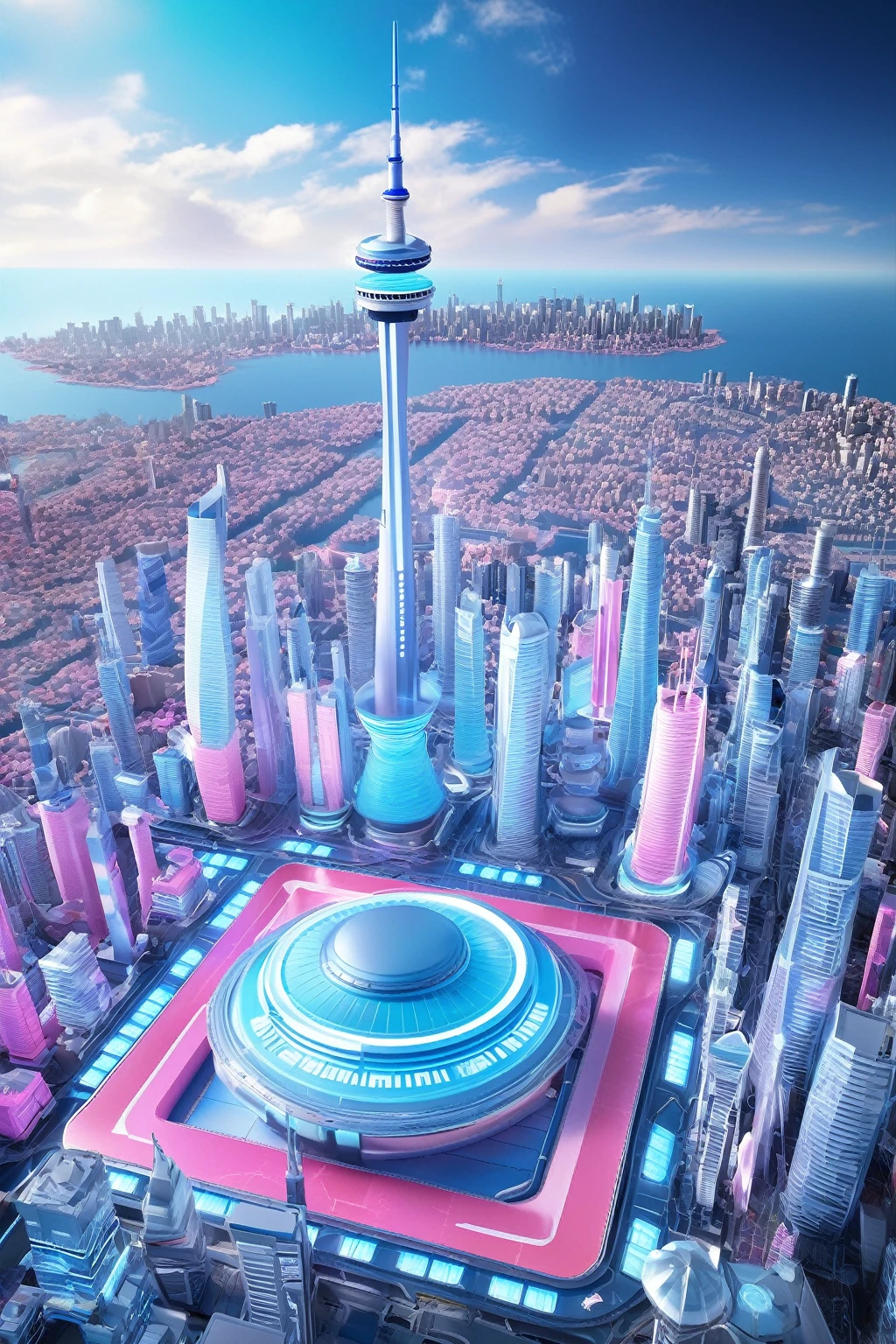 futuristic city，Sky Tower soars,Use a vibrant stage background style,Group F/,Asai Miki,Money theme,Round,International Klein Blue and Barbie Pink,Unreal Engine 5,c4d,Blender,negotiate,