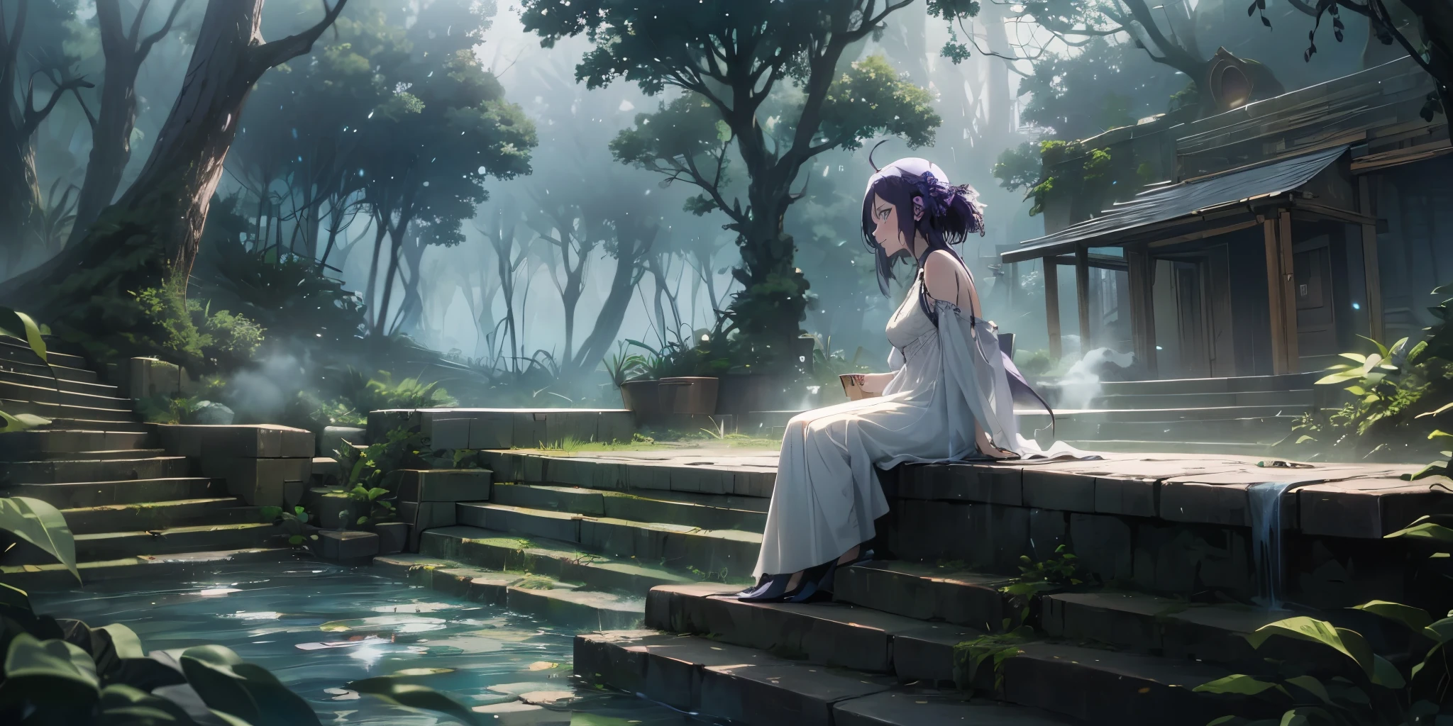 MC, ahoge, (long hari, purple hair:1.3), hair ornament, dark-blue eyes, anatomically correct, heavy breathing, mature female, 1girl, solo, breasts, dress, bare shoulders, sitting, outdoors, white dress, from side, tree, profile, plant, nature, scenery, forest, stairs, (bokeh:1.3) reflective, (fog:1.3), fireflies, hollow eyes, bright pupils, dark-blue eyes, looking at viewer. glowing eyes heavy breathing, seductive smile, (steaming face:1.3), blush face, lips,