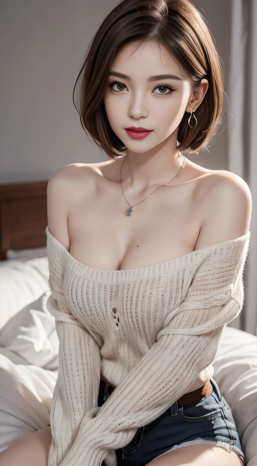 (Short hair woman), (Off-shoulder sweater, Oversized sweaters), (Hide Shorts), (Sit cross-legged, Hands on thighs), on the bed, Medium breasts, Deep Crack, best quality, masterpiece, illustration, Very refined, Very delicate skin, CG, Unite, 8k wallpaper, Astonishing, Fine details, highly detailed CG Unite 8k wallpaper, Huge file size, high resolution, Handsome and delicate woman, Very detailed eyes and face, Amazingly detailed eyes, Face lighting, (Best illustration: 1.1), (The best shadow: 1.1), ultra high resolution, (Reality: 1.1), (Reality 1.2:1.1), True facial proportions,Slim,Smile,(fluffy black eyes: 1.21), black eyes, Looking at the audience, Dark brown hair, earrings, necklace, Hairpin, full-body shot, (Irregular skin blemishes,vein,mole,Skin wrinkles,Pores: 1.2), (dark night background: 1.2), (Bokeh: 1.4),