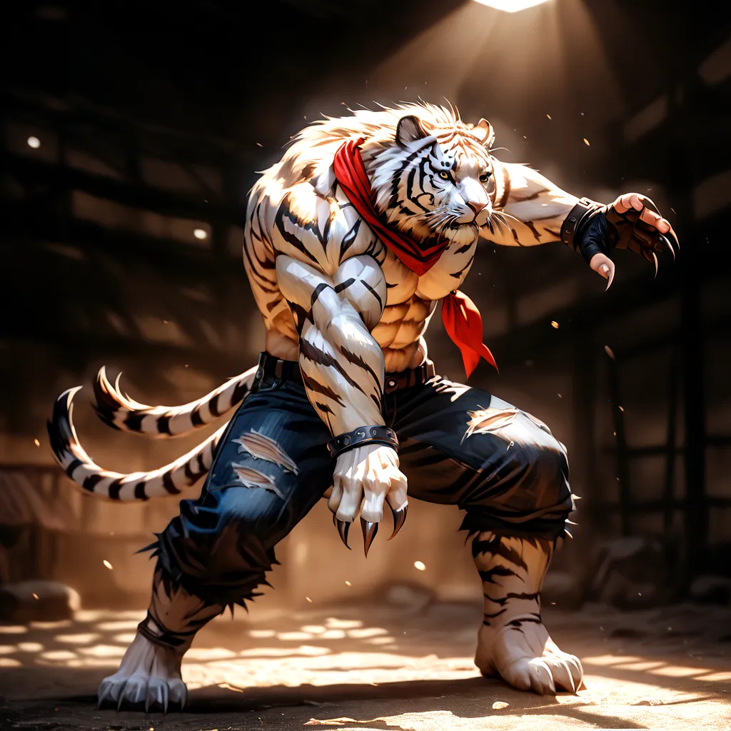 A highly muscular, athletic anthro white tiger, wearing torn jeans and no shirt, fingerless gloves, and a red bandana, in a fier...