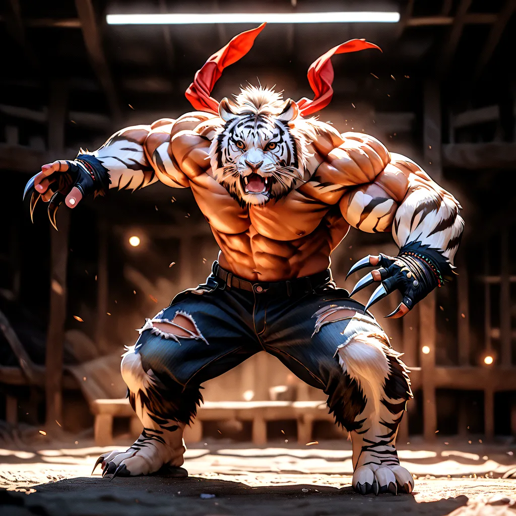 A highly muscular, athletic anthro white tiger, wearing torn jeans and no shirt, fingerless gloves, and a red bandana, in a fier...
