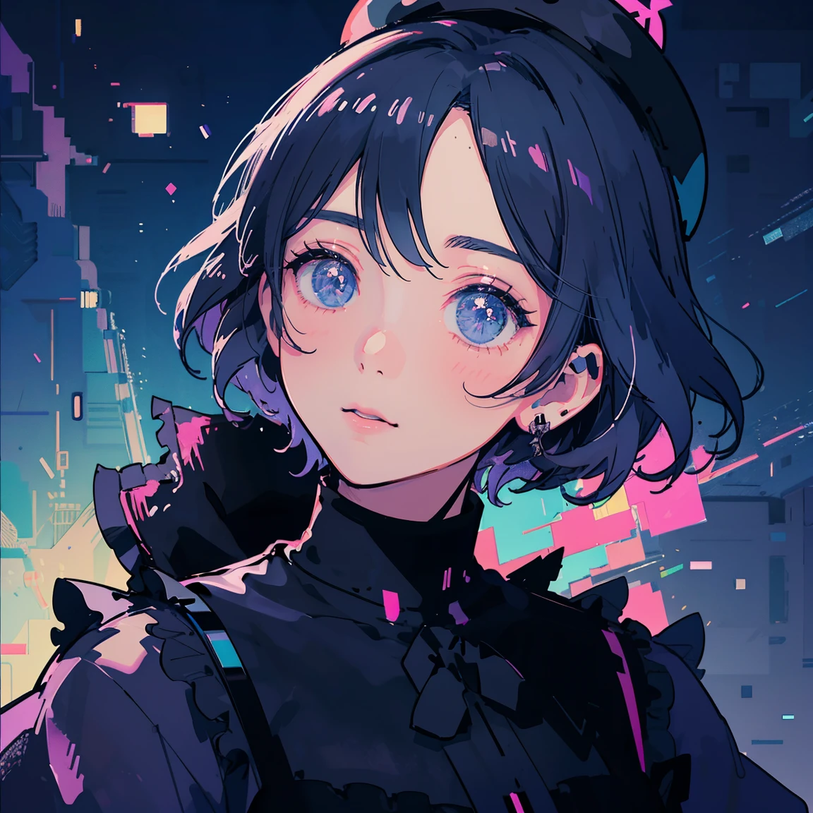 ultra detailed,best quality,delicate illustration,manga,pixiv art,anime art,unity 8k wallpaper,ultra delicate line drawing,kawaii,cool,nervous,upperbody,{{shiny short hair,black short hair,
Chic gothic punk style, black beret, hydrangea corsage,Holds a Mjolnir,war hammer}},vaporwave,high key lighting,high saturation,stylish ambiance,cinematic feel,depth of field,manga,pixiv art,best quality,beautiful detailed eyes,cinematic lighting,watercolor 