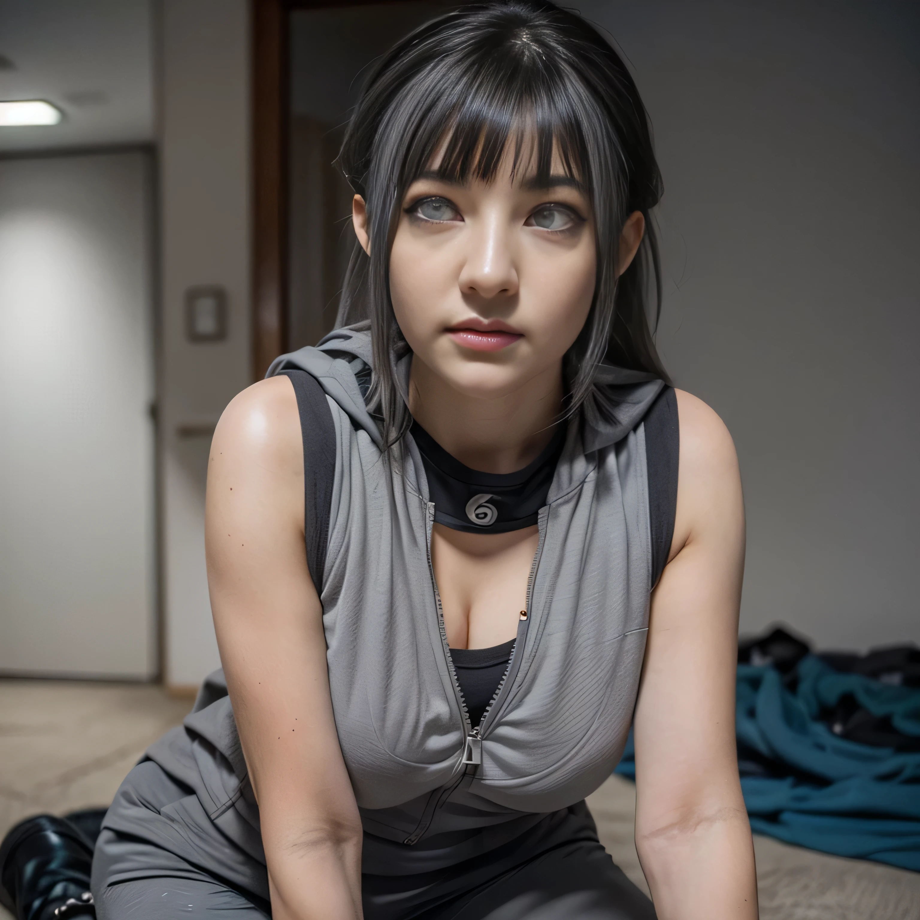 photorealistic, masterpiece, photorealistic, high resolution, soft light, hips up, cunt up, bright eyes, (grey eyes: 2.2), blue hair, long hair, Intricate details EABA, vest, white vest, pants, Ninja, Armor, Member belongs to Division 5, Hinata Hyuga, Konoha forest