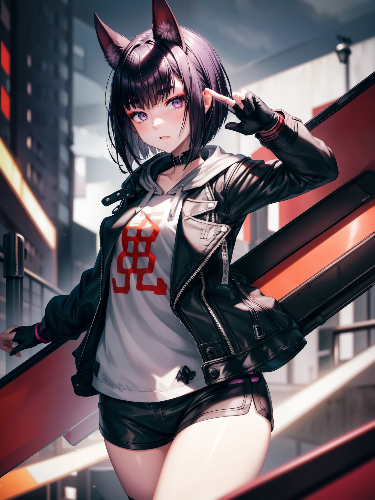 
gloves,jacket,pantyhose,shorts,hood,fingerless gloves,black shorts reina mishima,short hair,black hair,purple hair,grey eyes,large breasts, Score_9, Score_8_up, Score_7_up, Score_6_up, Score_5_up, Score_4_up, BREAK,1girl in full growth, best quality, masterpiece, ultra-detailed, high quality,good quality,1 girl,(master piece,high resolution, ultra detailed,8K,16K),look at viewer