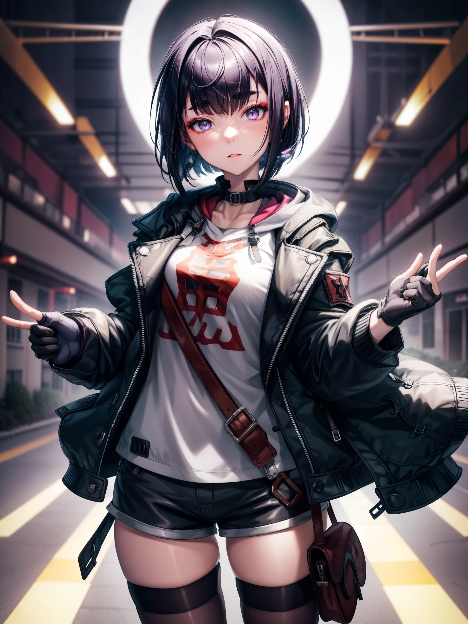 
gloves,jacket,pantyhose,shorts,hood,fingerless gloves,black shorts reina mishima,short hair,black hair,purple hair,grey eyes,large breasts, Score_9, Score_8_up, Score_7_up, Score_6_up, Score_5_up, Score_4_up, BREAK,1girl in full growth, best quality, masterpiece, ultra-detailed, high quality,good quality,1 girl,(master piece,high resolution, ultra detailed,8K,16K),look at viewer