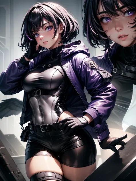 gloves,jacket,pantyhose,shorts,hood,fingerless gloves,black shorts reina mishima,short hair,black hair,purple hair,grey eyes,lar...