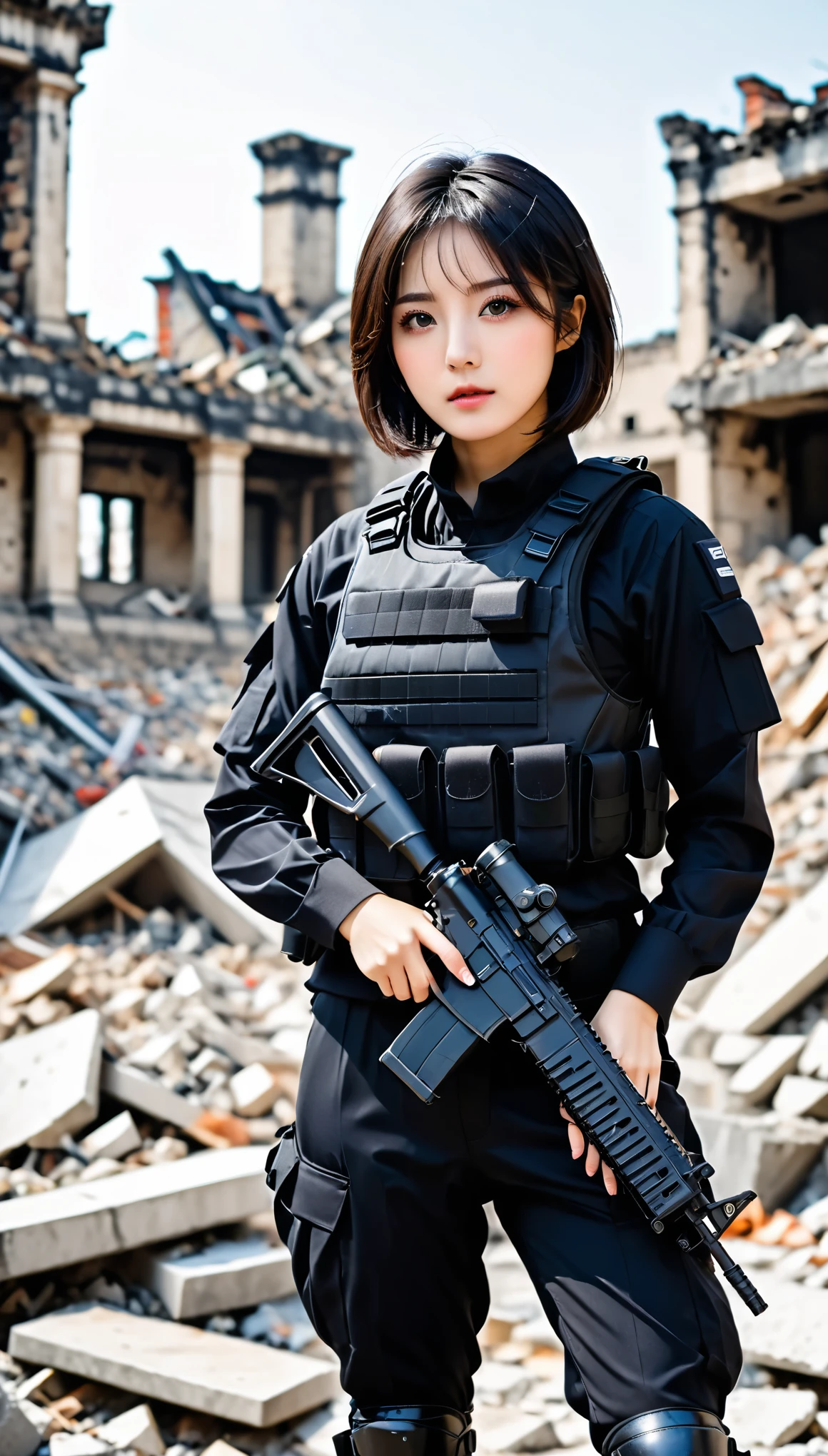 ((masterpiece)),((highest quality)),((High resolution)),((Very detailed)),Female,25 years old,Woman,Japanese,Dark hair,Short bob,Beautiful eyes,Long eyelashes, Beautiful hair, beautiful skin, serious, BREAK (((pointed gun))), handgun, SWAT Uniforms,black bulletproof vest combat boots, black tactical Forster, tactical helmet, (the background is the rubble of the ruins), (( (Background blur)))