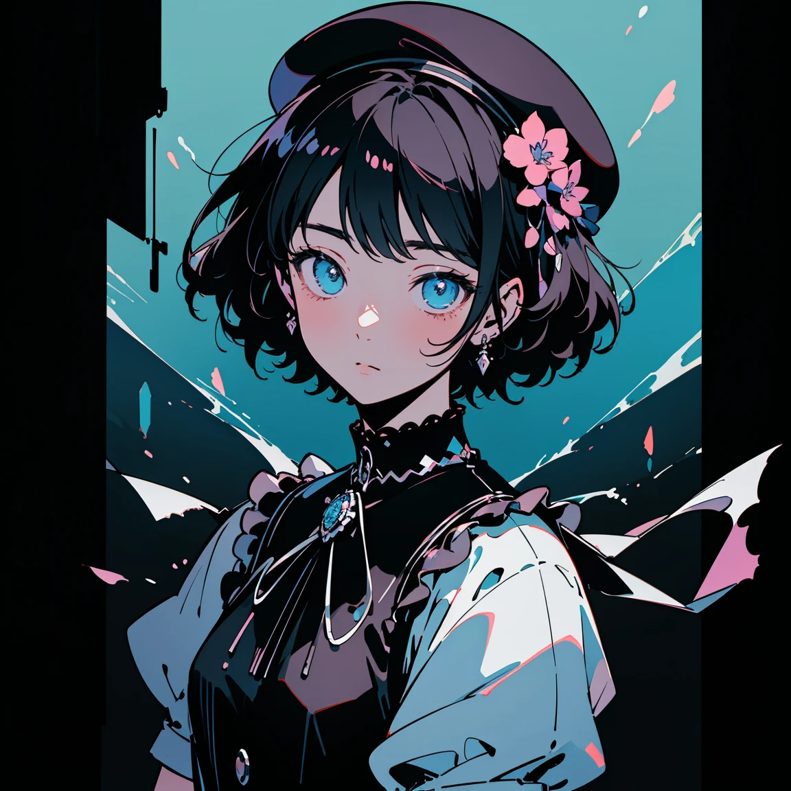 ultra detailed,best quality,delicate illustration,manga,pixiv art,anime art,unity 8k wallpaper,ultra delicate line drawing,kawaii,cool,nervous,upperbody,{{shiny short hair,black short hair,
Chic gothic punk style, black beret, hydrangea corsage,Holds a Mjolnir,war hammer}},vaporwave,high key lighting,high saturation,stylish ambiance,cinematic feel,depth of field,manga,pixiv art,best quality,beautiful detailed eyes,cinematic lighting,watercolor 