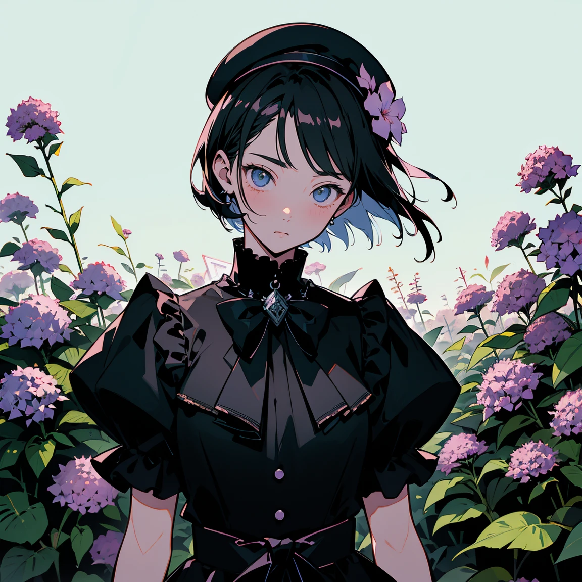 ultra detailed,best quality,delicate illustration,manga,pixiv art,anime art,unity 8k wallpaper,ultra delicate line drawing,kawaii,cool,nervous,upperbody,{{shiny short hair,black short hair,
Chic gothic punk style, black beret, hydrangea corsage,Holds a Mjolnir,war hammer}},vaporwave,high key lighting,high saturation,stylish ambiance,cinematic feel,depth of field,manga,pixiv art,best quality,beautiful detailed eyes,cinematic lighting,watercolor 