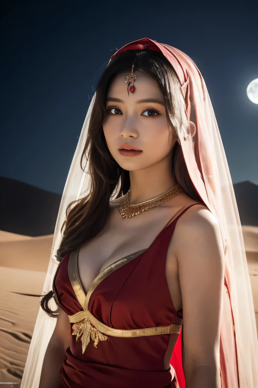 1 girl, (Wear a bright red Arabian Nights-style costume:1.2), (Veil), Very beautiful Japanese idol portraits, 
(RAW Photos, Highest quality), (Realistic, Realistic:1.4), (masterpiece), 
Very delicate and beautiful, Very detailed, 2k wallpaper, wonderful, finely, Very detailed CG Unity 8K wallpaper, Very detailed, High resolution, Soft Light, 
Beautiful detailed girl, Very detailed目と顔, Beautiful and sophisticated nose, Beautiful and beautiful eyes, Cinema Lighting, 
(Standing in the Sahara Desert on a moonlit night:1.3), (Big Moon), (Sand Dunes), (Silhouette of a girl&#39;s whole body floating in the moonlight), (Transmits light), (Dark screen:1.5), (Hair and outfits fluttering in the wind), 
(Medium Hair), (whole body), 
Complete Anatomy, Slender body, Small breasts