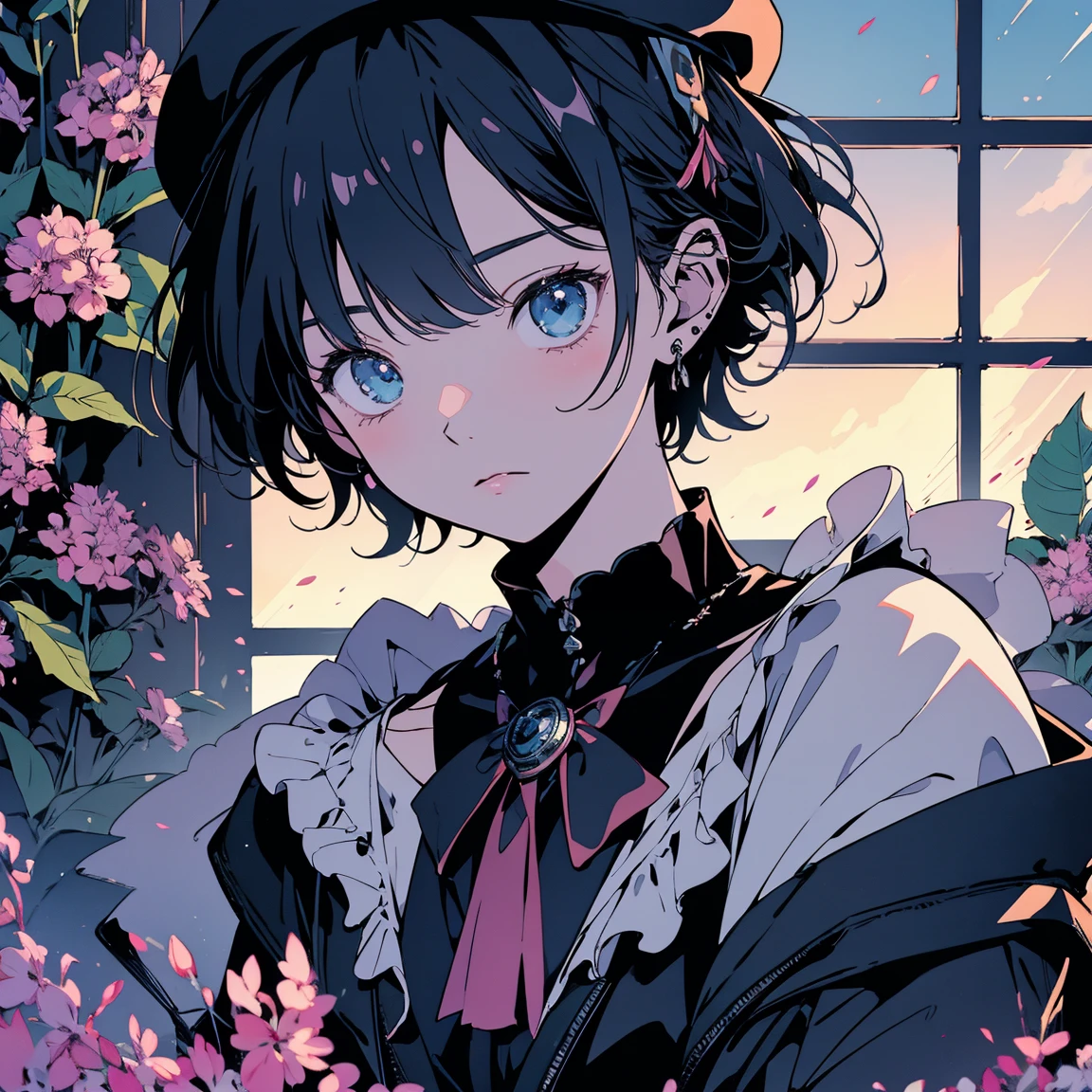 ultra detailed,best quality,delicate illustration,manga,pixiv art,anime art,unity 8k wallpaper,ultra delicate line drawing,kawaii,cool,nervous,upperbody,{{shiny short hair,black short hair,
Chic gothic punk style, black beret, hydrangea corsage,Holds a Mjolnir,war hammer}},vaporwave,high key lighting,high saturation,stylish ambiance,cinematic feel,depth of field,manga,pixiv art,best quality,beautiful detailed eyes,cinematic lighting,watercolor 