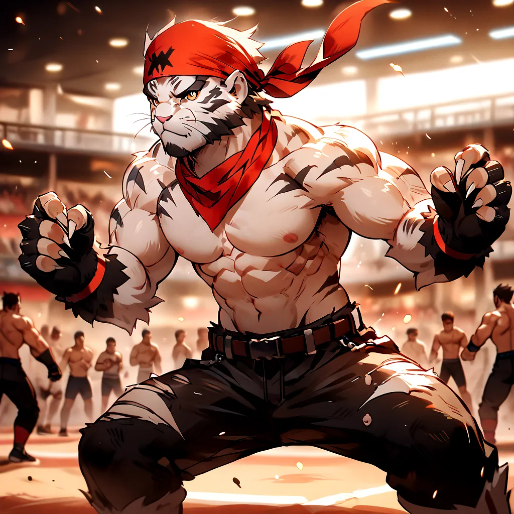 An athletic, muscular anthro white tiger wearing torn jeans and no shirt, wearing fingerless gloves, wearing a red bandana, in a...