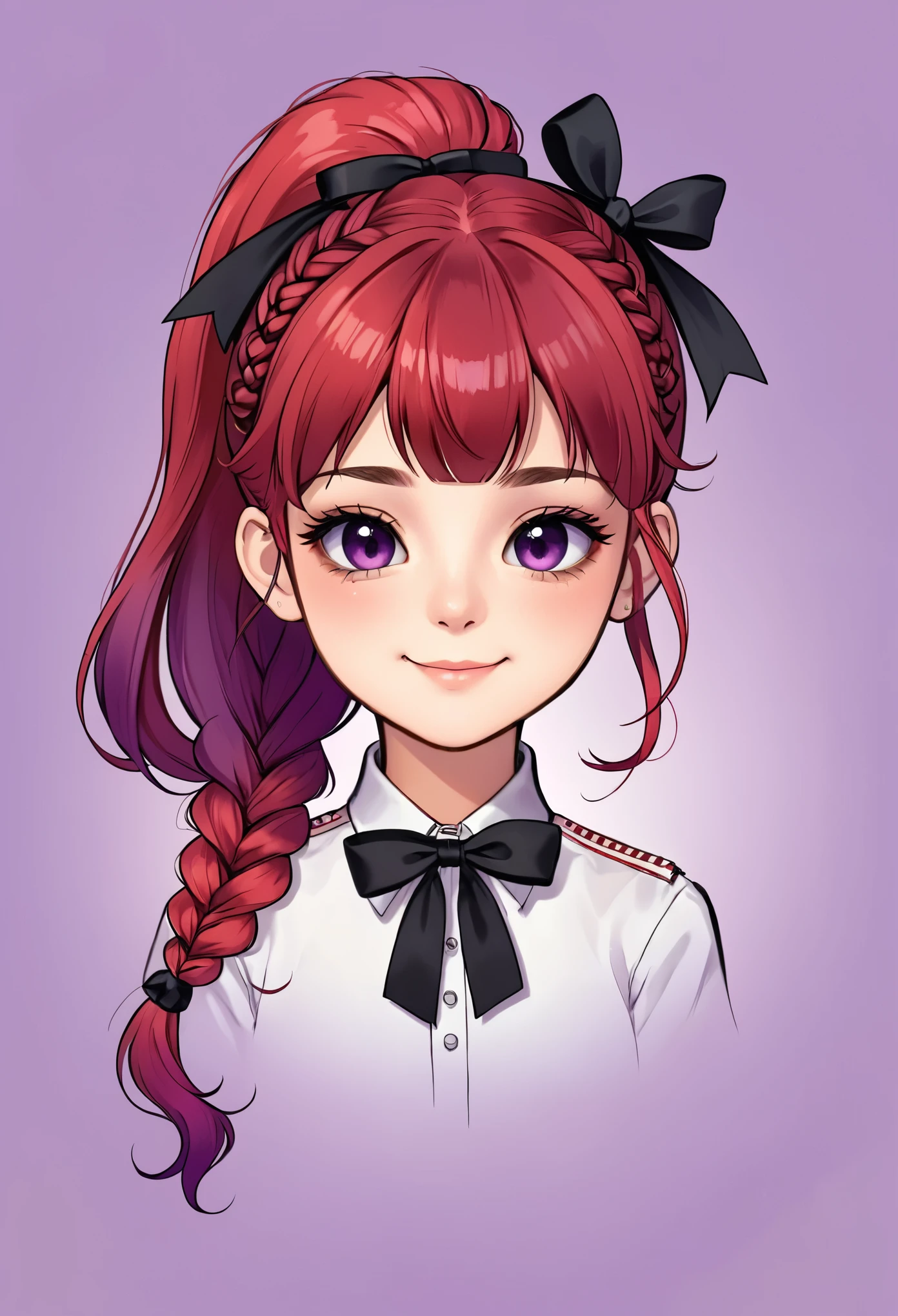 1girl,artist name,bangs,black bow,black ribbon,bow,braid,chibi,closed mouth,eyebrows visible through hair,gradient,gradient background,hair ornament,hairclip,long hair,looking at viewer,ponytail,purple hair,red hair,ribbon,smile