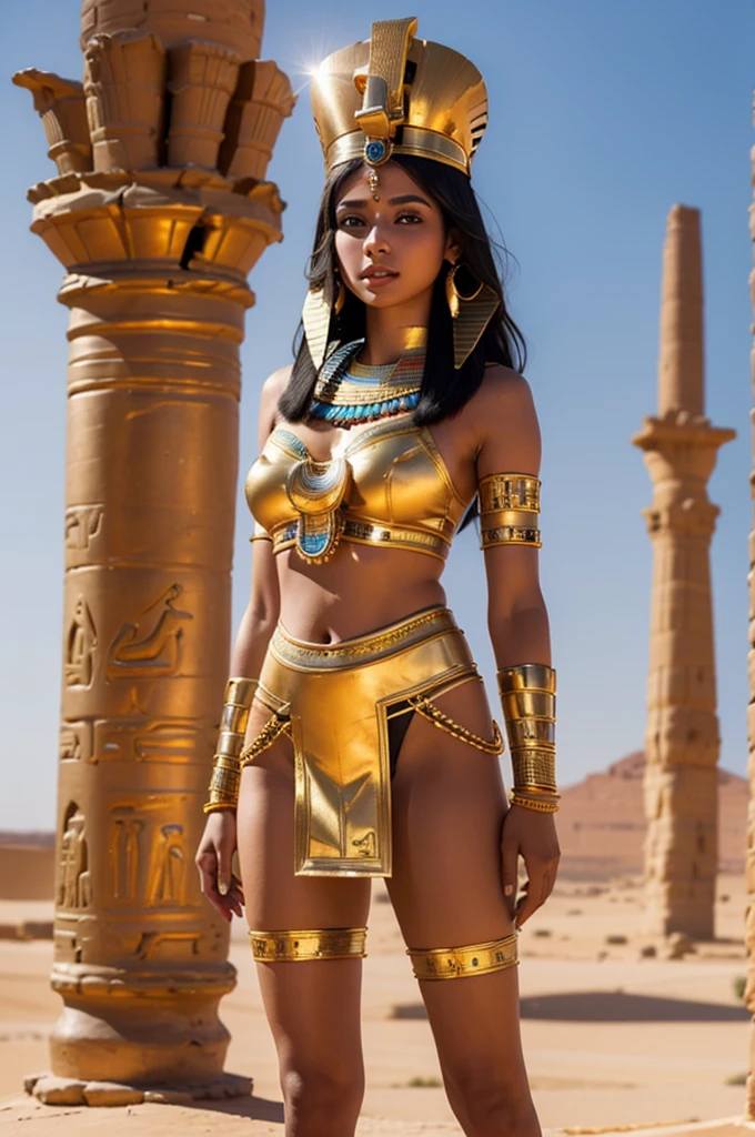 best quality, 8k, very delicate and beautiful, highly detailed face and skin texture, shiny skin, high resolution, beautiful girl in egyptian style costume stand in desert, full body, sharp focus