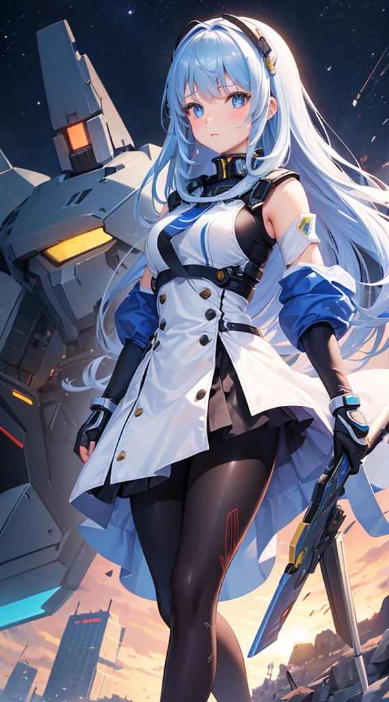 A girl in a tights with a mecha behind her。A girl in a tights standing in front of a mech。Close-up of girl&#39;s upper body，The background is a mecha。Girl standing in front of the mecha