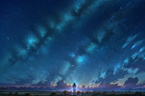 starry night sky with a person standing on a hill looking at the stars, cosmic skies. by makoto shinkai, star(sky) starry_sky, a...